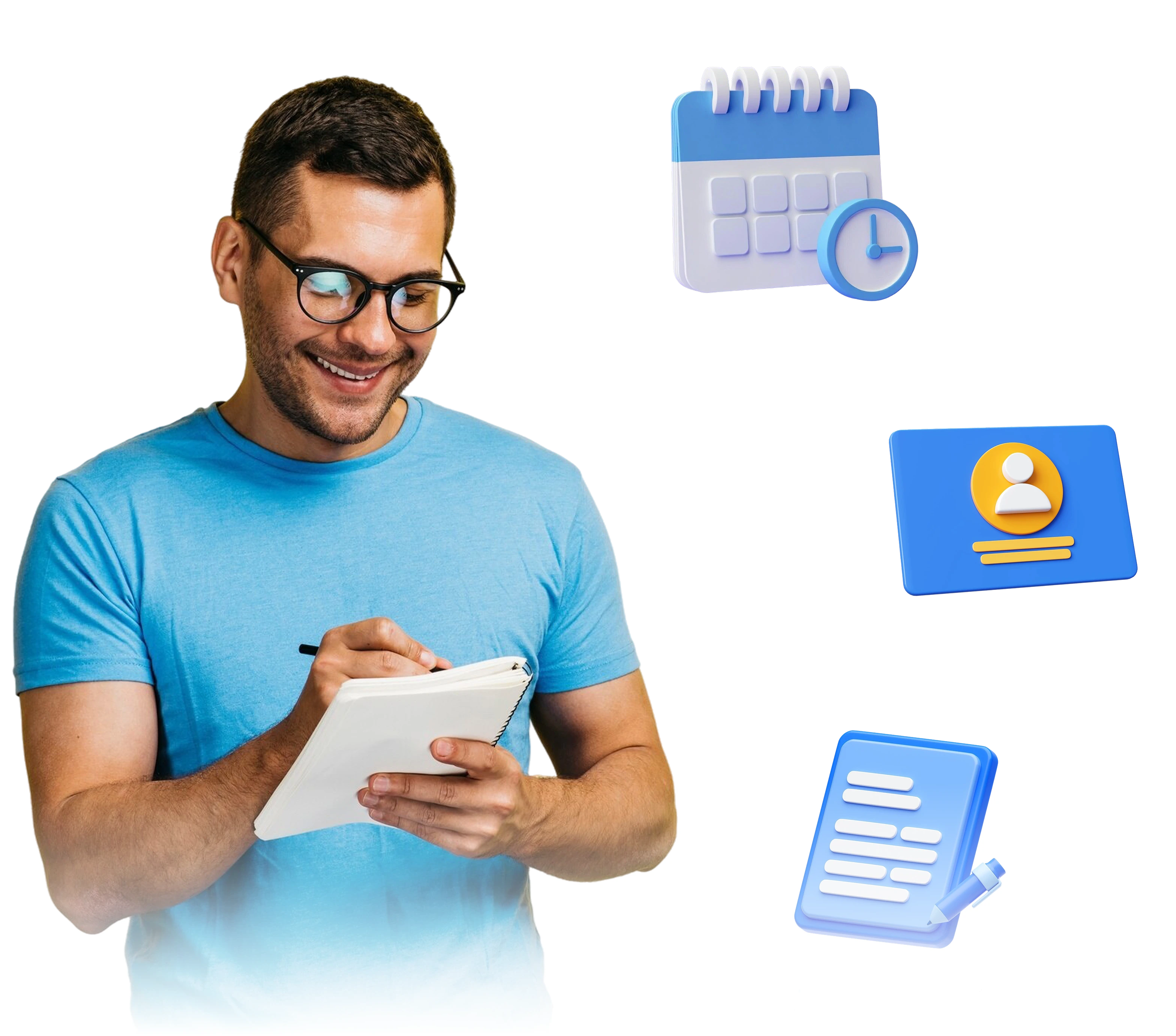 Persona feliz tomando apuntes referenciando al sistema de agenda de CALDESK con imágenes 3D alrededor